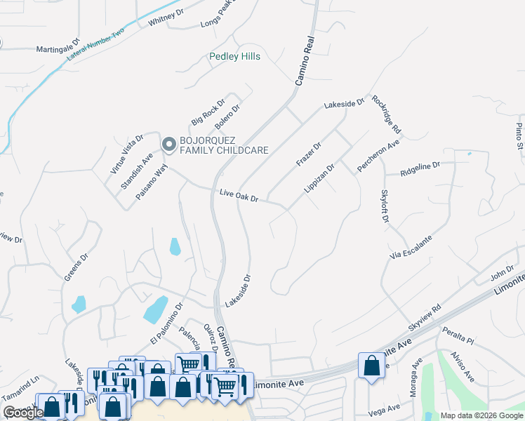 map of restaurants, bars, coffee shops, grocery stores, and more near 7741 Lippizan Drive in Riverside