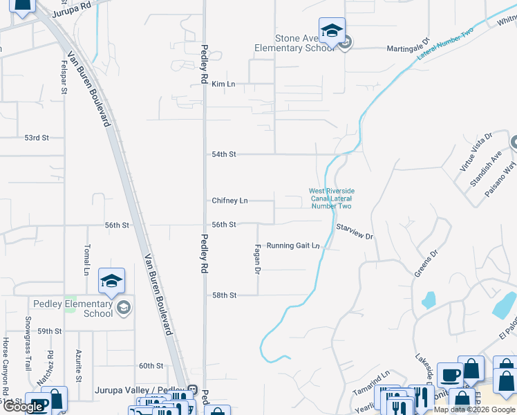 map of restaurants, bars, coffee shops, grocery stores, and more near 8673 56th Street in Riverside
