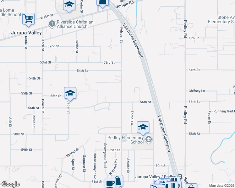 map of restaurants, bars, coffee shops, grocery stores, and more near 5585 Felspar Street in Riverside