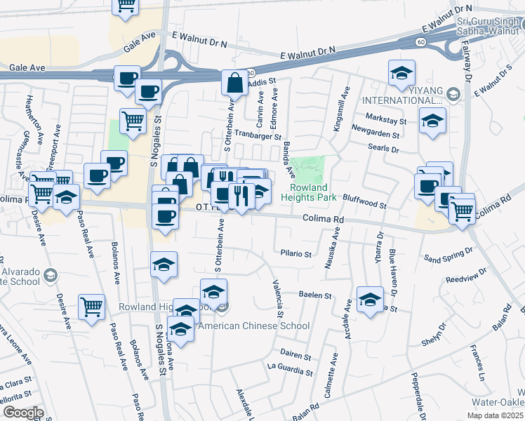 map of restaurants, bars, coffee shops, grocery stores, and more near 1703 Banida Avenue in Rowland Heights