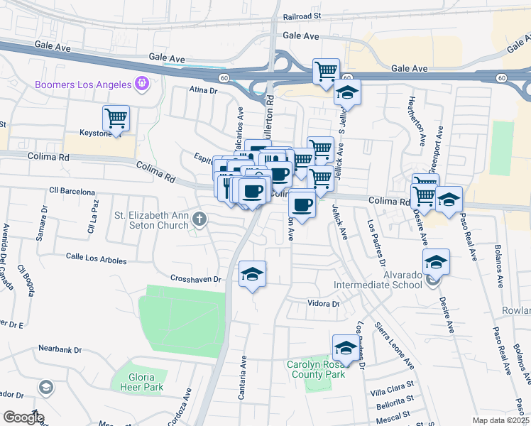 map of restaurants, bars, coffee shops, grocery stores, and more near 1751 Fullerton Road in Rowland Heights