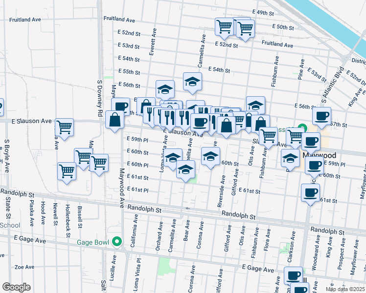 map of restaurants, bars, coffee shops, grocery stores, and more near 5961 Carmelita Avenue in Huntington Park
