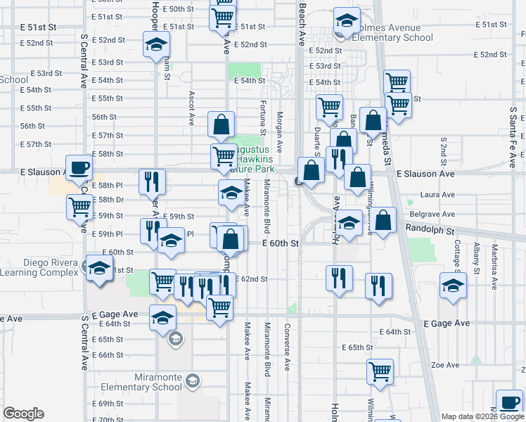 map of restaurants, bars, coffee shops, grocery stores, and more near 5900 Miramonte Boulevard in Los Angeles