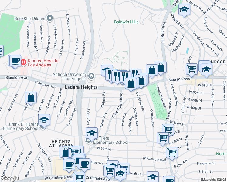 map of restaurants, bars, coffee shops, grocery stores, and more near 5048 West Slauson Avenue in Los Angeles