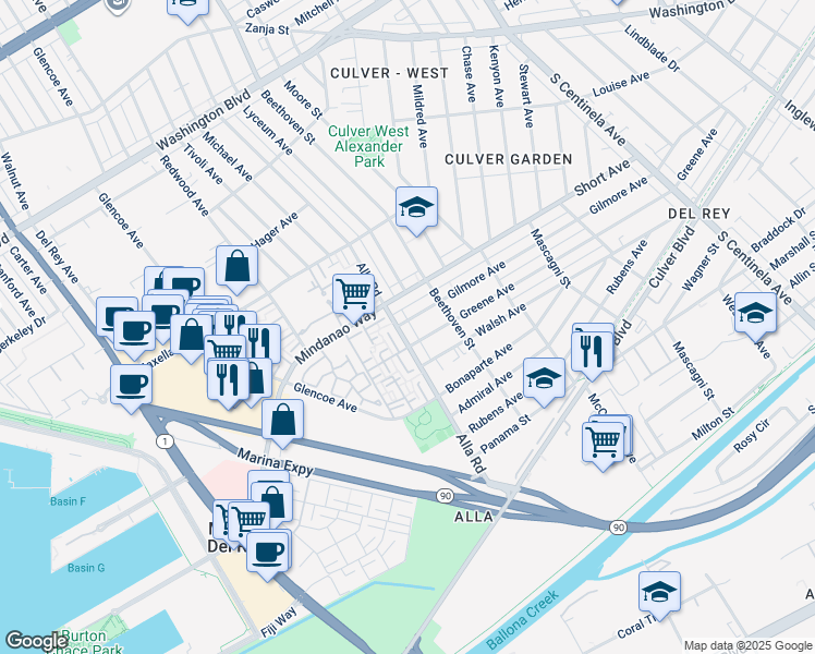 map of restaurants, bars, coffee shops, grocery stores, and more near 4518 Alla Road in Los Angeles
