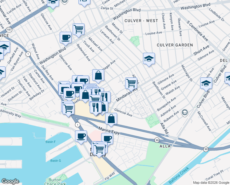 map of restaurants, bars, coffee shops, grocery stores, and more near in Los Angeles