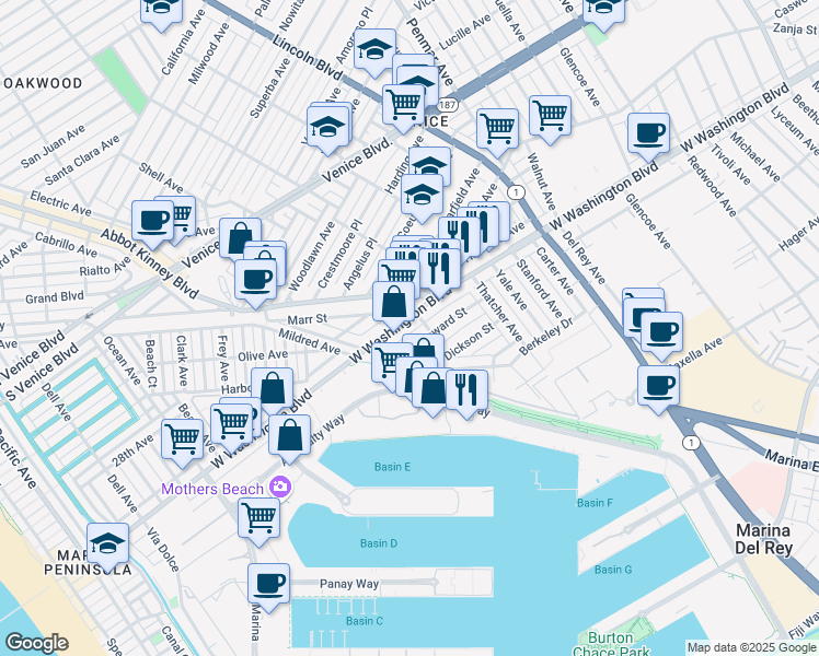 map of restaurants, bars, coffee shops, grocery stores, and more near 740 Washington Boulevard in Marina del Rey