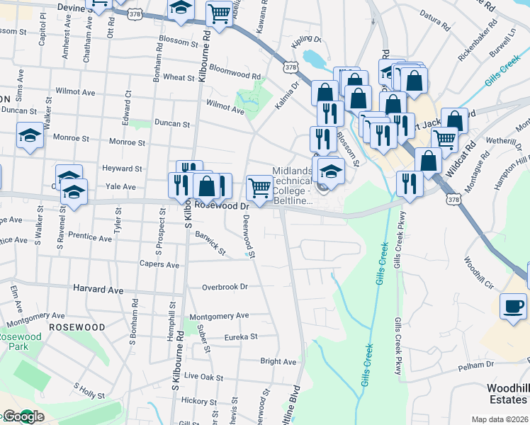 map of restaurants, bars, coffee shops, grocery stores, and more near 209 South Beltline Boulevard in Columbia