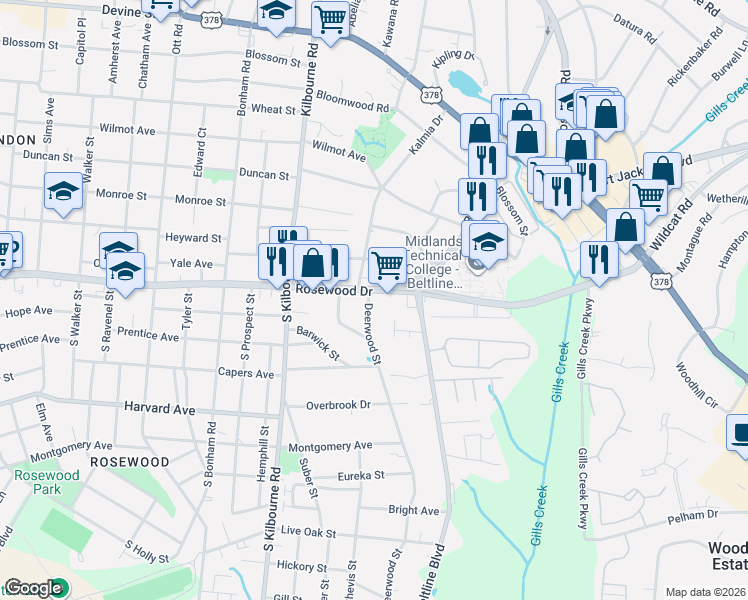 map of restaurants, bars, coffee shops, grocery stores, and more near 4004 Rosewood Drive in Columbia