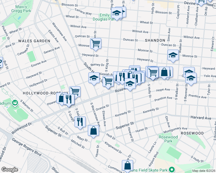 map of restaurants, bars, coffee shops, grocery stores, and more near 358 South Harden Street in Columbia