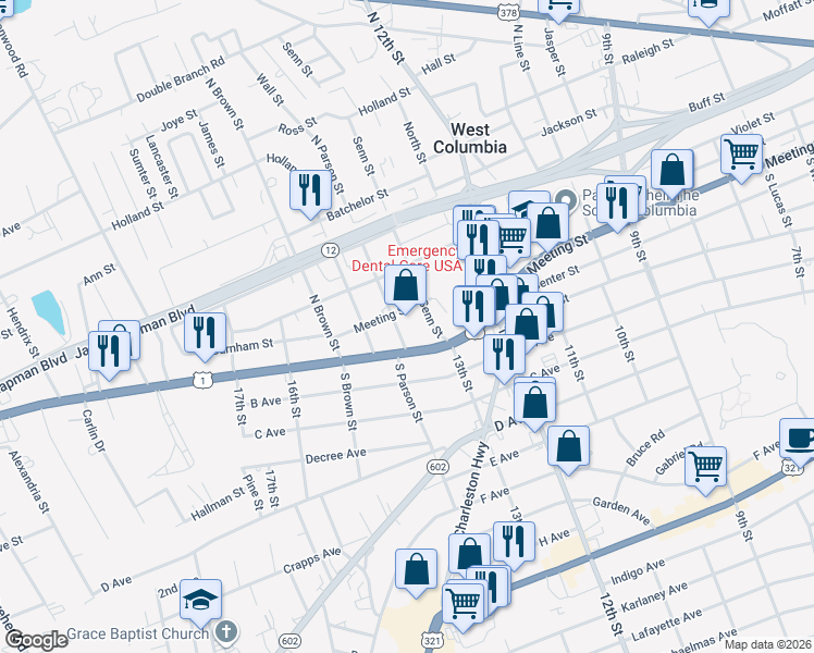 map of restaurants, bars, coffee shops, grocery stores, and more near 104 North Parson Street in West Columbia