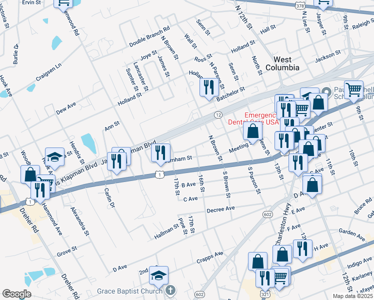 map of restaurants, bars, coffee shops, grocery stores, and more near 1619 Shull Street in West Columbia