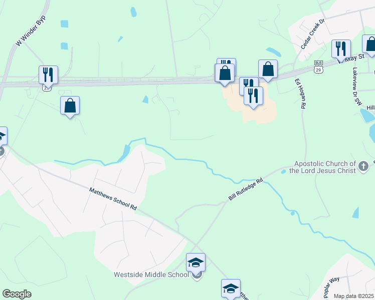 map of restaurants, bars, coffee shops, grocery stores, and more near 130 Manufacturers Court in Winder