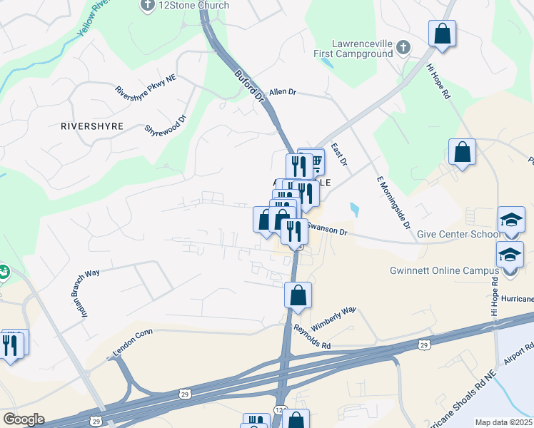 map of restaurants, bars, coffee shops, grocery stores, and more near 393 Swanson Drive in Lawrenceville