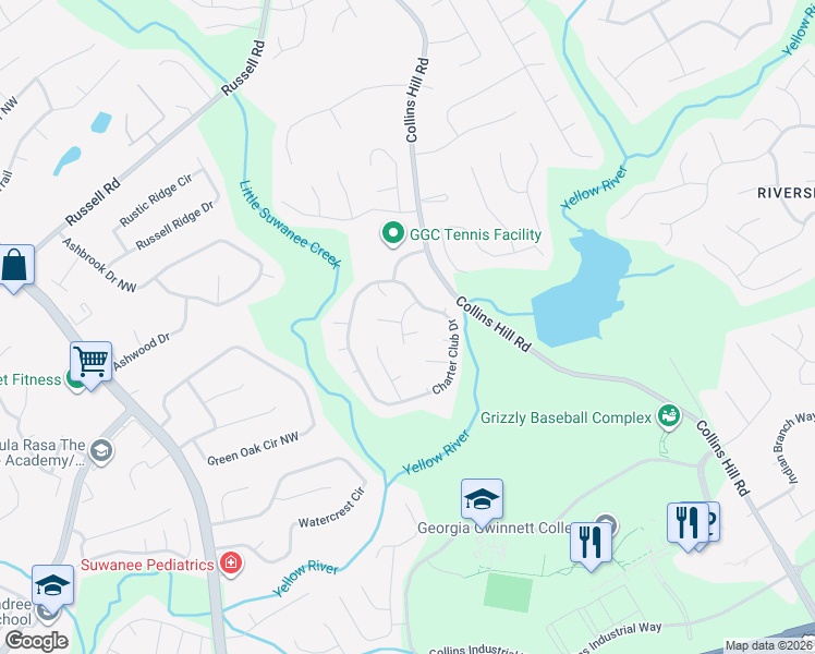 map of restaurants, bars, coffee shops, grocery stores, and more near 217 Dun Barton Court in Lawrenceville