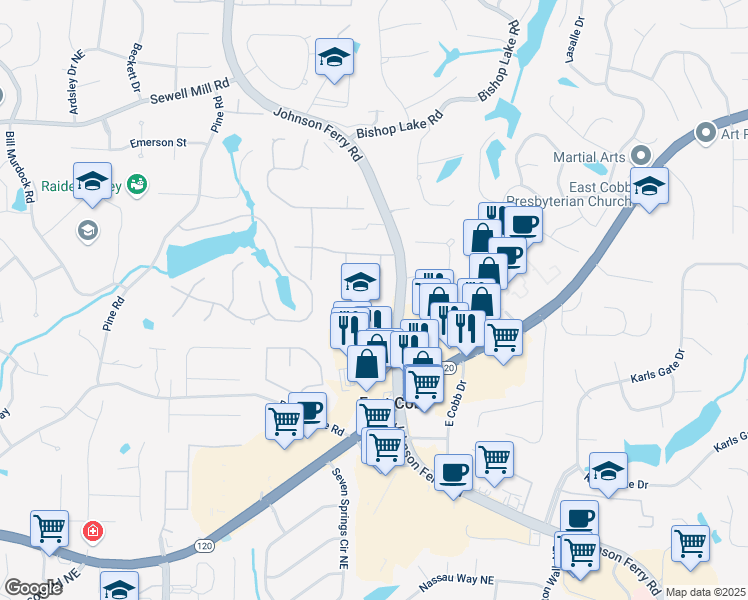 map of restaurants, bars, coffee shops, grocery stores, and more near 1551 Johnson Ferry Road in Marietta