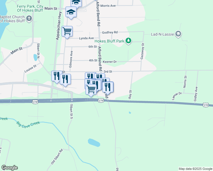 map of restaurants, bars, coffee shops, grocery stores, and more near 3739 Alford Bend Road in Hokes Bluff