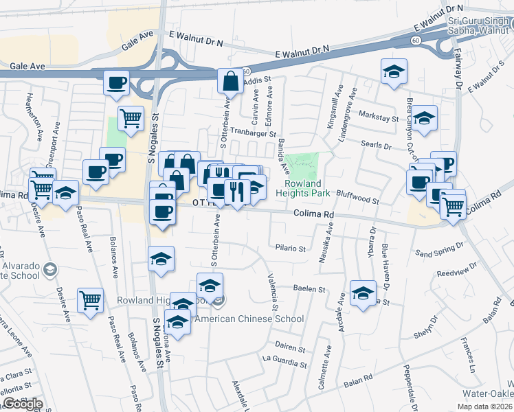 map of restaurants, bars, coffee shops, grocery stores, and more near 19271 Colima Road in Rowland Heights