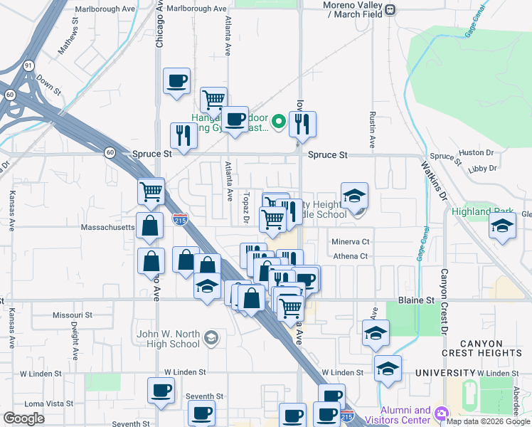 map of restaurants, bars, coffee shops, grocery stores, and more near 1335 Massachusetts Avenue in Riverside