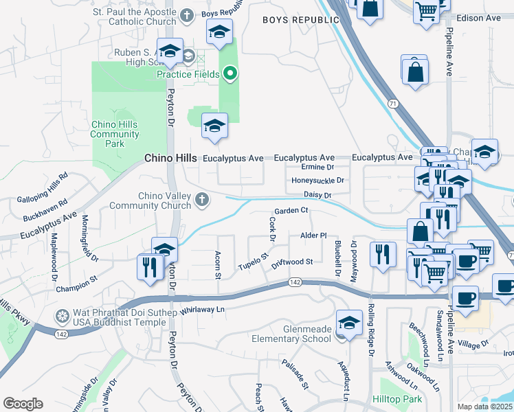 map of restaurants, bars, coffee shops, grocery stores, and more near 3546 Garden Court in Chino Hills