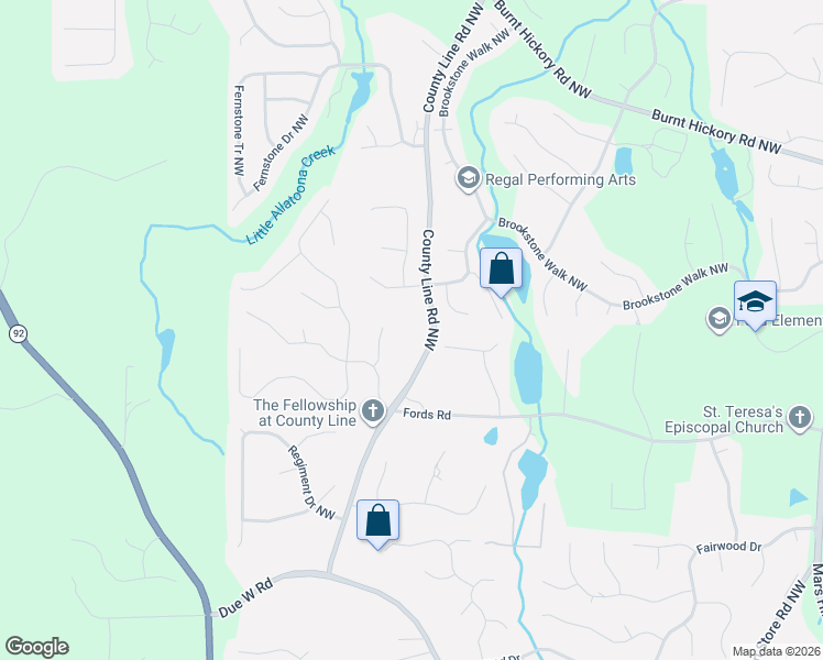 map of restaurants, bars, coffee shops, grocery stores, and more near 1295 County Line Road Northwest in Acworth
