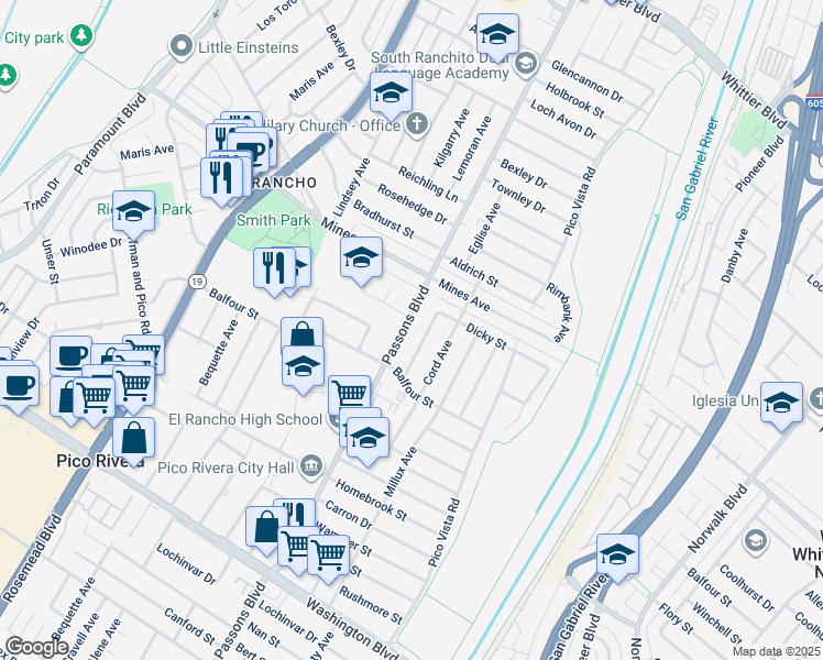 map of restaurants, bars, coffee shops, grocery stores, and more near 6128 Passons Boulevard in Pico Rivera