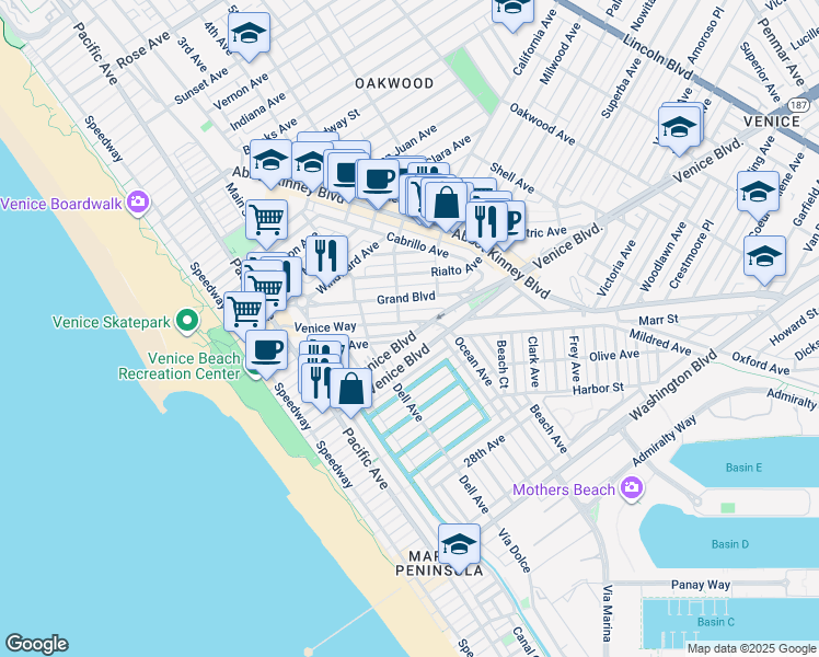 map of restaurants, bars, coffee shops, grocery stores, and more near 510 Venice Way in Los Angeles