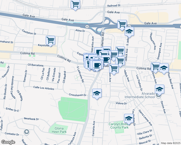 map of restaurants, bars, coffee shops, grocery stores, and more near 18215 Camino Bello in Rowland Heights