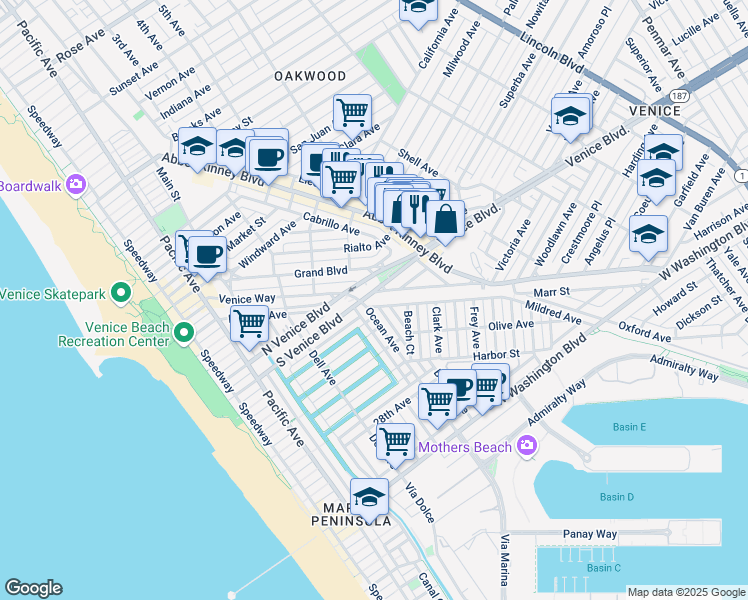 map of restaurants, bars, coffee shops, grocery stores, and more near 2309 Beach Avenue in Los Angeles