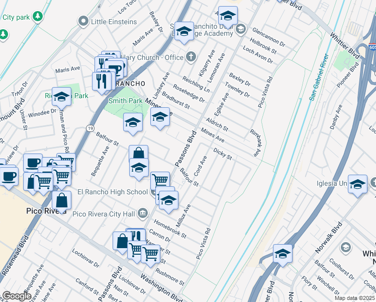 map of restaurants, bars, coffee shops, grocery stores, and more near 6128 Passons Boulevard in Pico Rivera