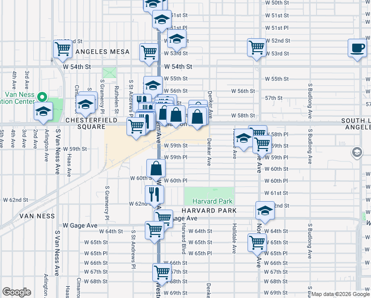 map of restaurants, bars, coffee shops, grocery stores, and more near 5908 Harvard Boulevard in Los Angeles