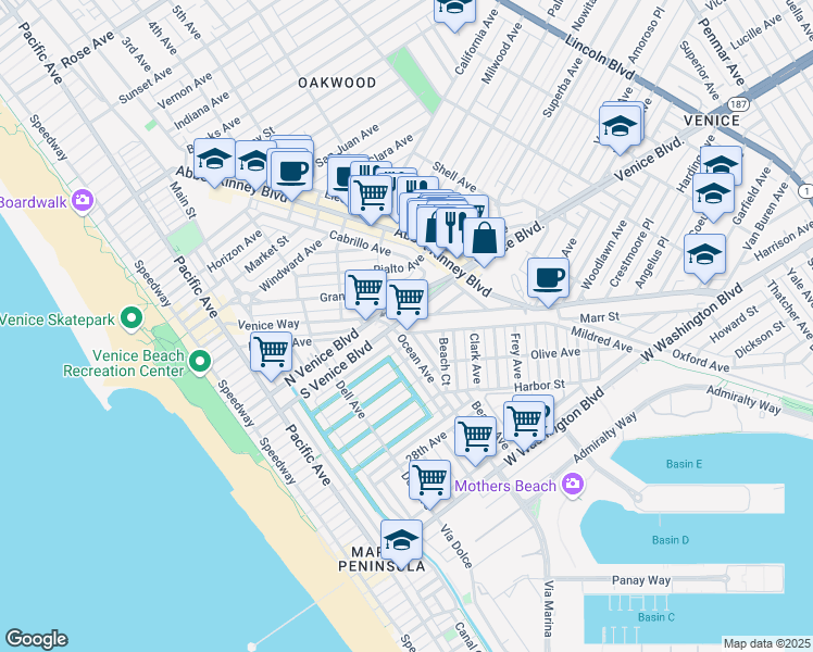 map of restaurants, bars, coffee shops, grocery stores, and more near 522 South Venice Boulevard in Los Angeles