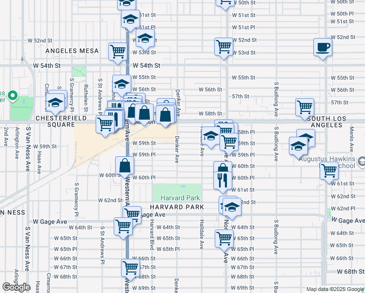 map of restaurants, bars, coffee shops, grocery stores, and more near 1548 West 59th Place in Los Angeles