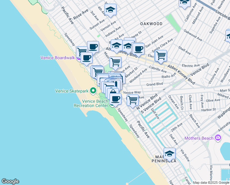 map of restaurants, bars, coffee shops, grocery stores, and more near 20 Windward Avenue in Los Angeles