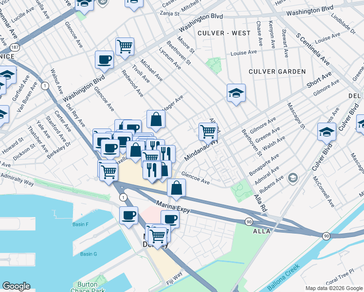 map of restaurants, bars, coffee shops, grocery stores, and more near in Los Angeles