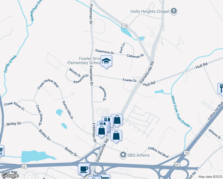 map of restaurants, bars, coffee shops, grocery stores, and more near 124 Ashmore Court in Athens