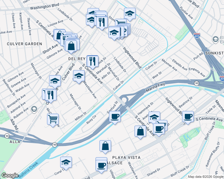 map of restaurants, bars, coffee shops, grocery stores, and more near 4980 South Centinela Avenue in Los Angeles
