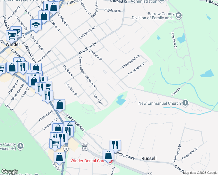 map of restaurants, bars, coffee shops, grocery stores, and more near 549 Scrooch Court in Winder