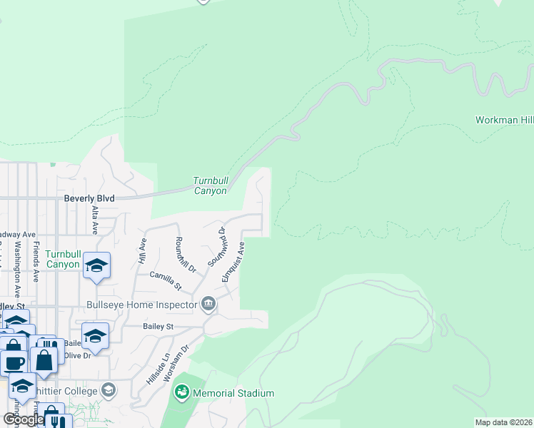 map of restaurants, bars, coffee shops, grocery stores, and more near 6120 Altmark Avenue in Whittier