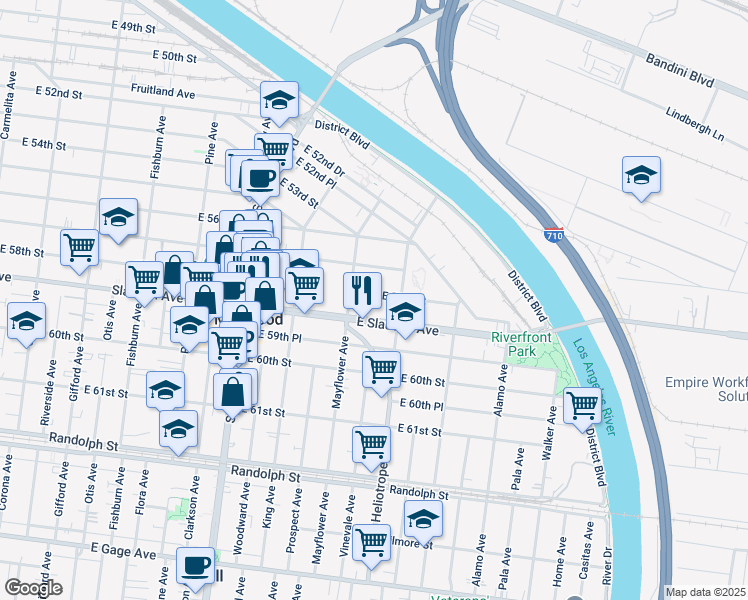 map of restaurants, bars, coffee shops, grocery stores, and more near 4717 Slauson Avenue in Maywood