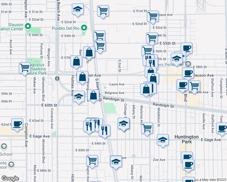 map of restaurants, bars, coffee shops, grocery stores, and more near 1978 Belgrave Avenue in Huntington Park