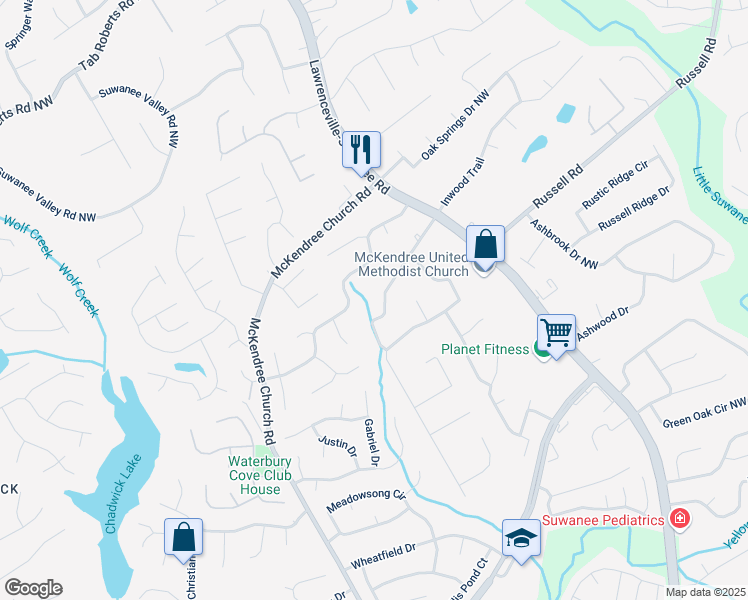 map of restaurants, bars, coffee shops, grocery stores, and more near 731 Brighton Drive Northwest in Lawrenceville