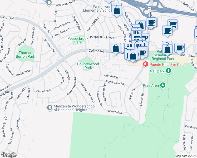 map of restaurants, bars, coffee shops, grocery stores, and more near 16843 Royal View Road in Hacienda Heights