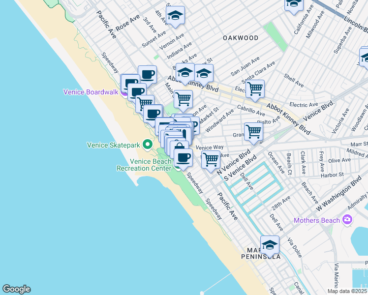 map of restaurants, bars, coffee shops, grocery stores, and more near in Los Angeles