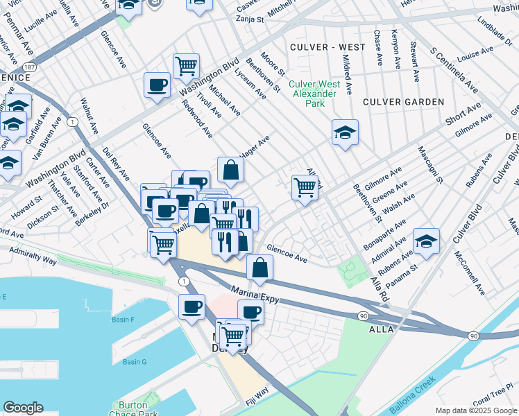 map of restaurants, bars, coffee shops, grocery stores, and more near 4329 Redwood Avenue in Marina del Rey
