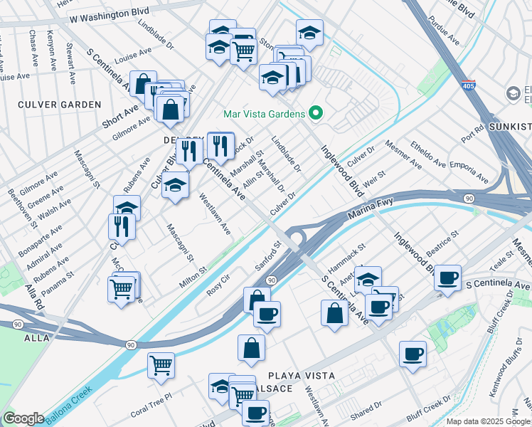 map of restaurants, bars, coffee shops, grocery stores, and more near 4980 South Centinela Avenue in Los Angeles