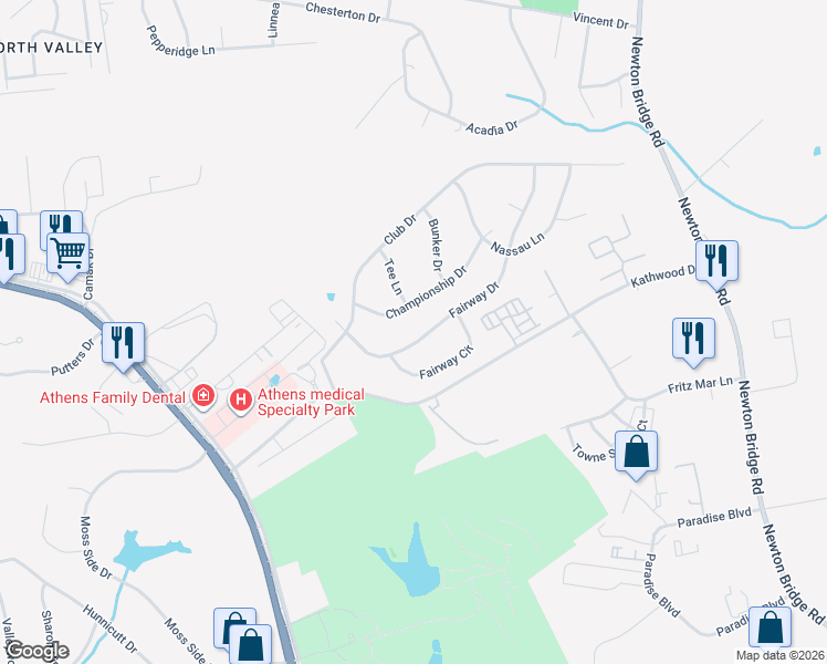 map of restaurants, bars, coffee shops, grocery stores, and more near 260 Fairway Drive in Athens