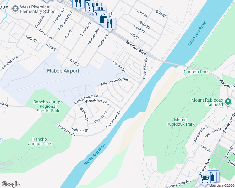 map of restaurants, bars, coffee shops, grocery stores, and more near 5115 Contay Way in Riverside