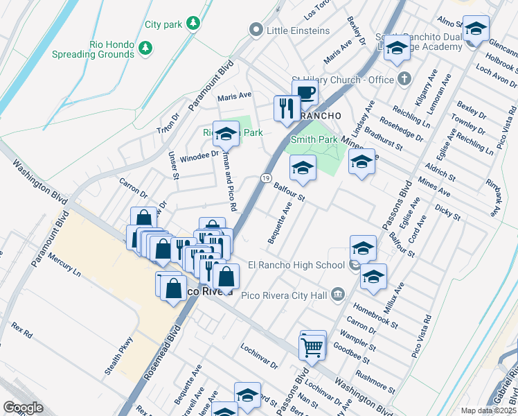 map of restaurants, bars, coffee shops, grocery stores, and more near 6426 Rosemead Boulevard in Pico Rivera