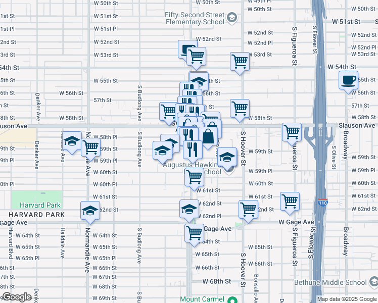 map of restaurants, bars, coffee shops, grocery stores, and more near 5928 South Vermont Avenue in Los Angeles